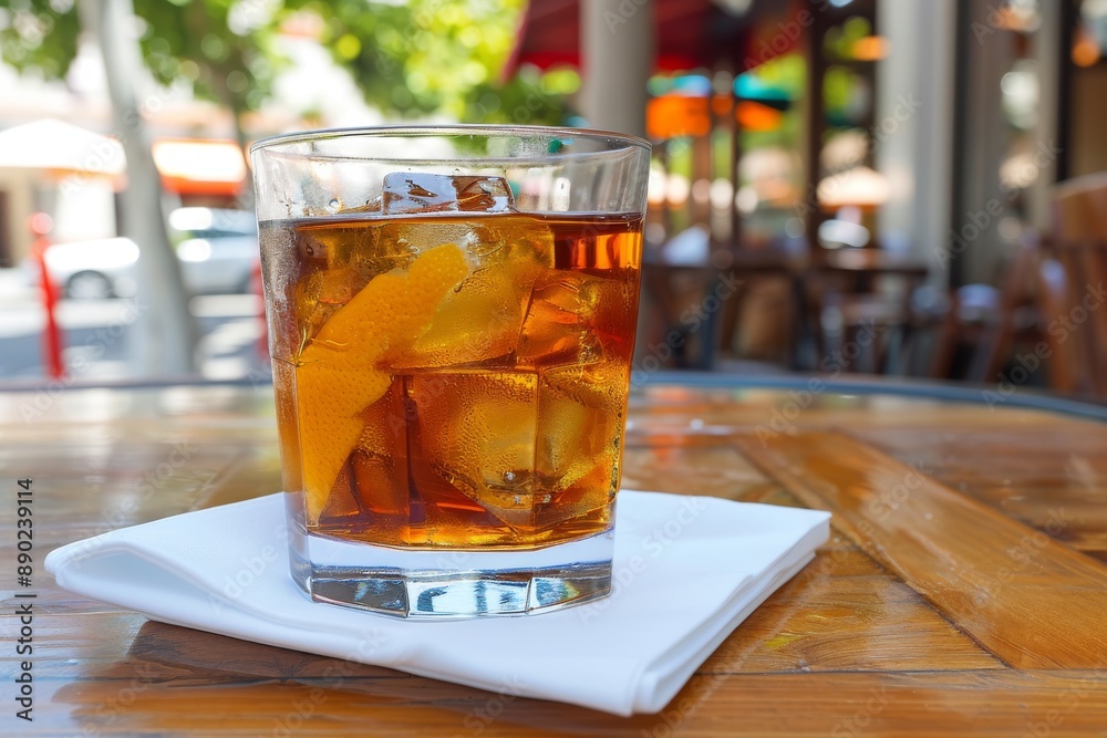 Tranquil whiskey glass on a wooden table in an outdoor café setting highlighting relaxation and sophistication with a serene background Tranquil whiskey glass on a wooden table in an outdoor café setting highlighting relaxation and sophistication with a serene background