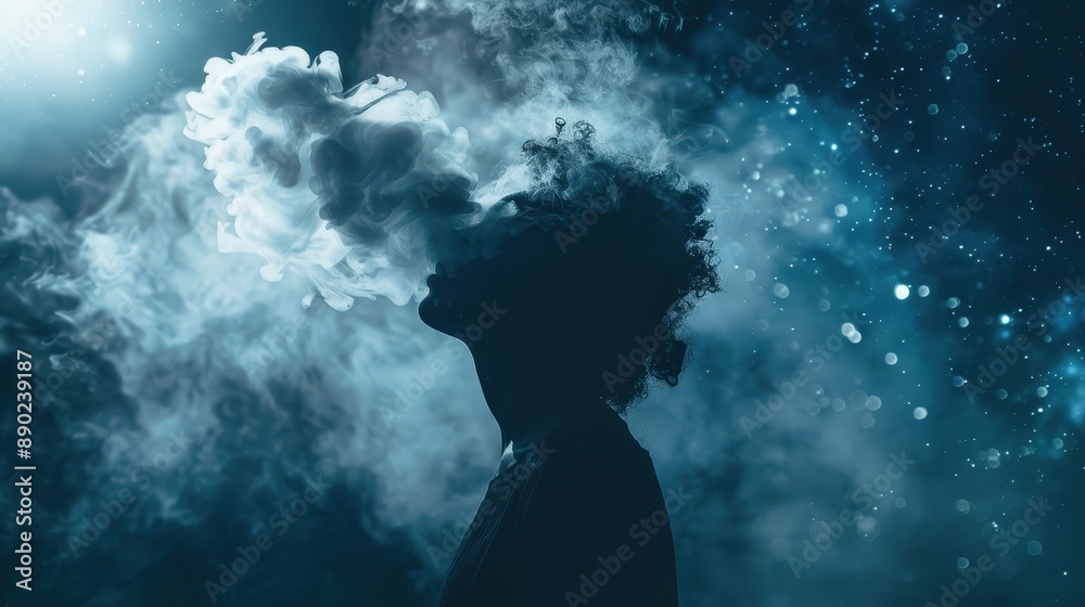 Eerie Vapor: Person Exhaling Thick Clouds in Dark Room with Illuminated Particles Creating Foreboding Atmosphere Eerie Vapor: Person Exhaling Thick Clouds in Dark Room with Illuminated Particles Creating Foreboding Atmosphere