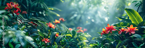 Bunte tropische Blumen im Regenwald. Hintergrund für Produkt und Textplatzierung 