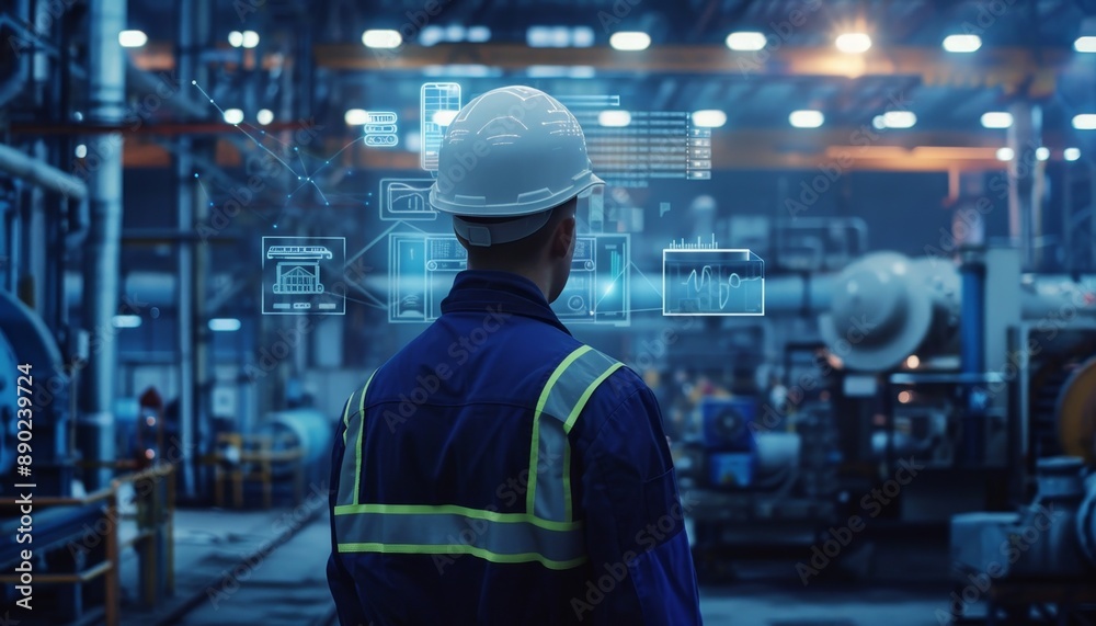 Industrial engineer with data visualizations in factory setting amid machinery, in realistic style Industrial engineer with data visualizations in factory setting amid machinery, in realistic style