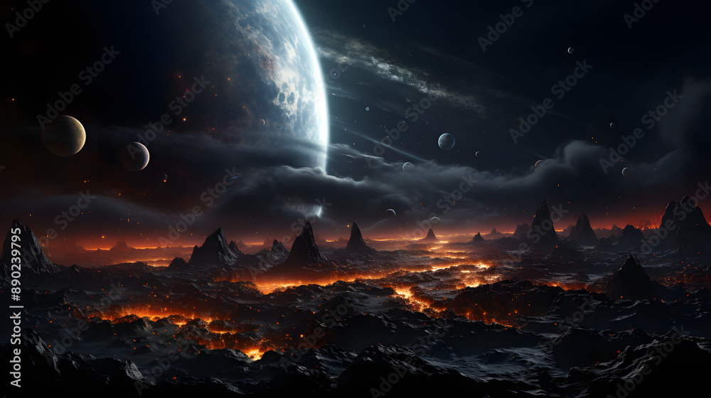 A fiery landscape on a distant planet. Mountains rise from the ground, glowing red-hot with lava and a vibrant blue planet sits in the sky. A fiery landscape on a distant planet. Mountains rise from the ground, glowing red-hot with lava and a vibrant blue planet sits in the sky.