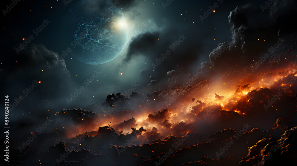 A fiery, apocalyptic landscape stretches out beneath a large, cracked, blue moon in a dark, star-filled sky. The scene is both beautiful and terrifying. A fiery, apocalyptic landscape stretches out beneath a large, cracked, blue moon in a dark, star-filled sky. The scene is both beautiful and terrifying.