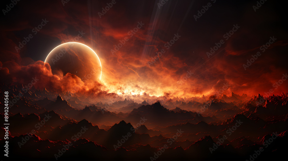 A fiery, dramatic landscape with a dark, red planet setting behind the jagged, black peaks. The sky is full of orange and red clouds, with beams of light shining through. A fiery, dramatic landscape with a dark, red planet setting behind the jagged, black peaks. The sky is full of orange and red clouds, with beams of light shining through.