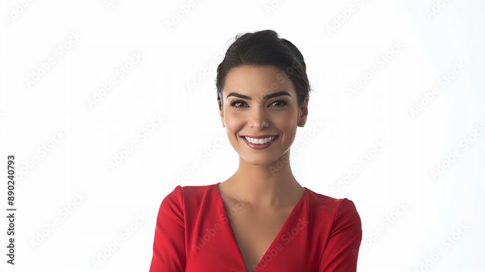portrait of a professional woman TV news presenter short hair wearing red dressed elegantly formal on a white background AI Generate portrait of a professional woman TV news presenter short hair wearing red dressed elegantly formal on a white background AI Generate