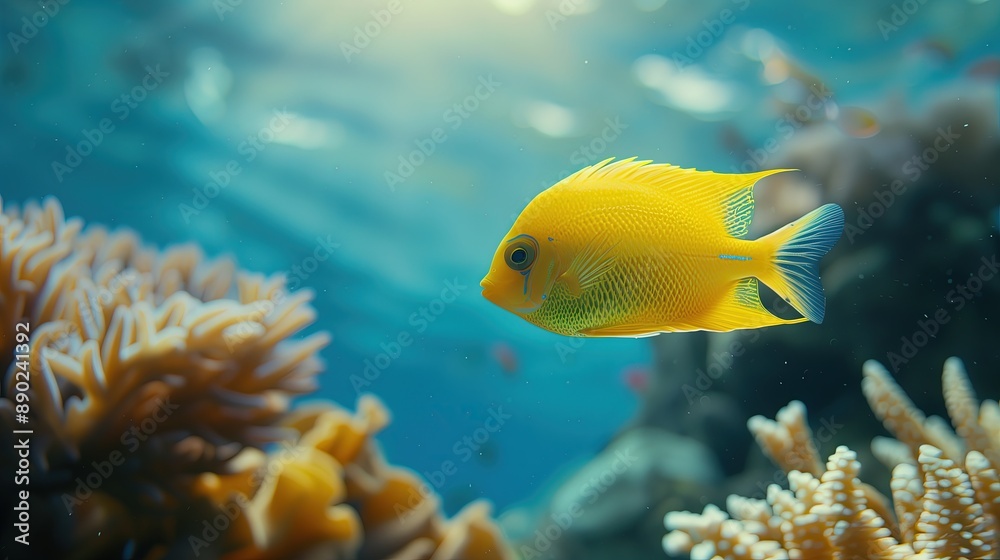 Vibrant yellow fish swimming among coral reefs in clear blue water.