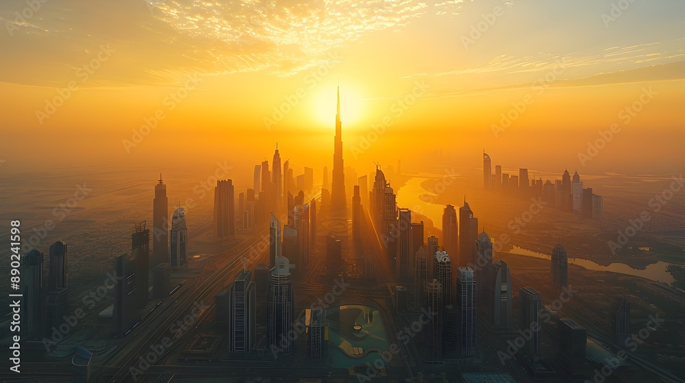 Naklejka premium Breathtaking aerial view of a bustling modern city skyline at golden sunset with skyscrapers reaching into the sky