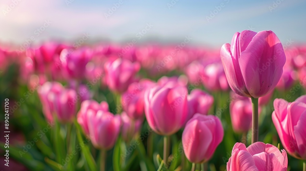 Obraz premium Tulips Blossom: Pink Tulips Blooming in Vibrant Field Background