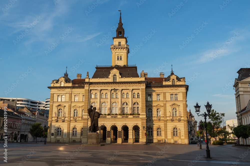 Fototapeta premium Main Square And City Hall Of Novi Sad, Freedom Square (serbian: Trg slobode) is the main square in Novi Sad, County government office (City house) and monument of Svetozar Miletic. Novi Sad, Serbia