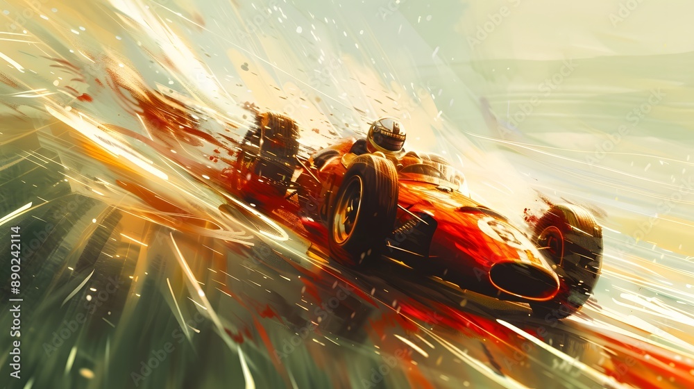 Racing car at high speed. Racer on a racing car passes the track. Motor sports competitive team racing. Motion blur background. 