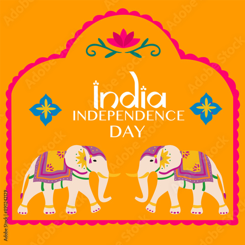 India Independence Day poster on a orange background. Festive Indian elephants in festive clothes. Frame with floral ornaments and inscription. Traditional animal of India