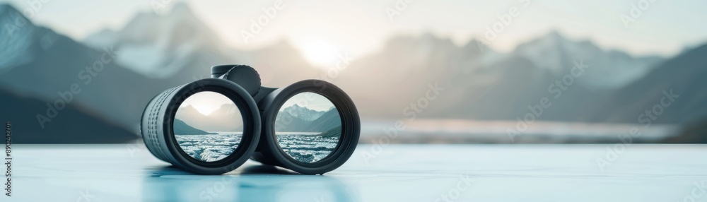 Pair of binoculars on a reflective surface, with scenic mountain range and lake background, capturing adventure and exploration mood. Pair of binoculars on a reflective surface, with scenic mountain range and lake background, capturing adventure and exploration mood.