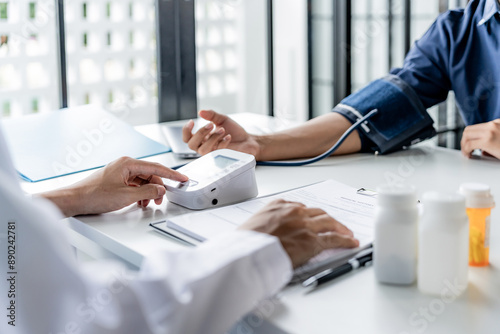 Photos Doctor measuring blood pressure patient in medical office, Visiting Physician co