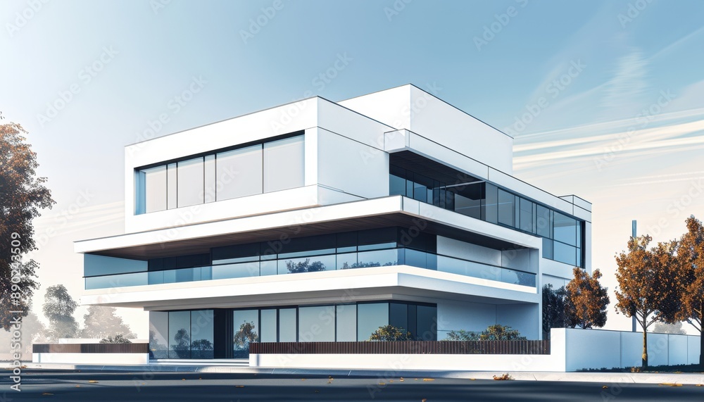 Modern White Building With Large Windows and Balconies on a Sunny Day Modern White Building With Large Windows and Balconies on a Sunny Day