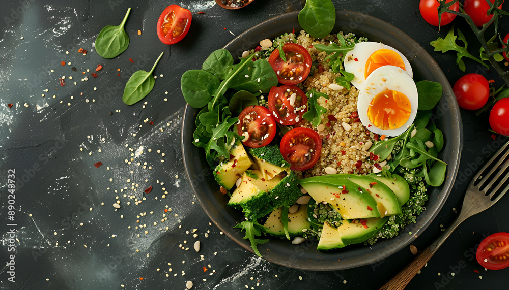 Diet menu. Healthy salad of fresh vegetables - tomatoes, avocado, arugula, egg, spinach and quinoa on a bowl. Flat lay. Top view Diet menu. Healthy salad of fresh vegetables - tomatoes, avocado, arugula, egg, spinach and quinoa on a bowl. Flat lay. Top view
