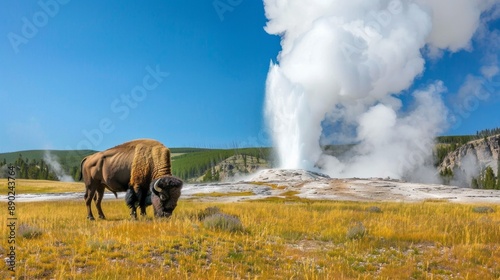 A buffalo is grazing in a field next to a geyser photo