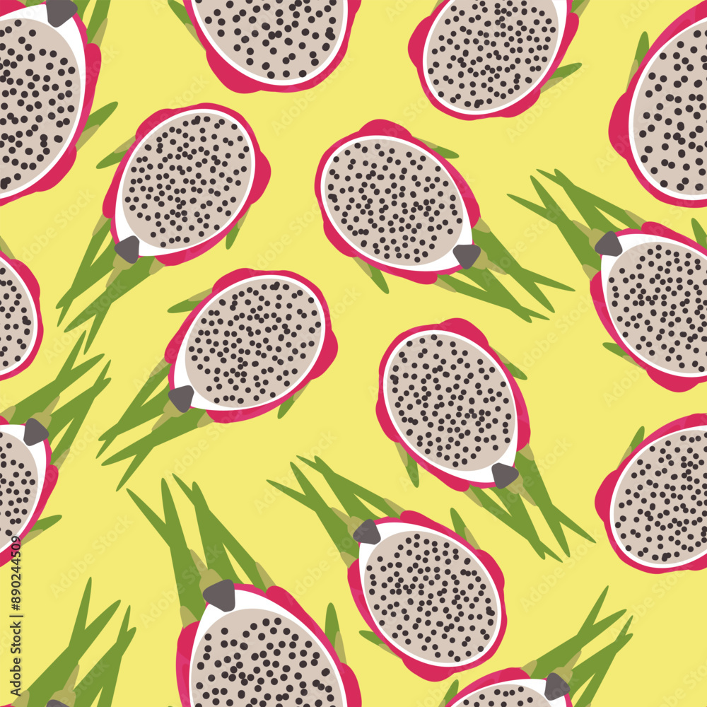 Seamless pattern ripe dragon fruit half in cut, pitahaya, pitahaya, long yang on yellow background - vector color flat illustration for packaging, textile, wallpaper Seamless pattern ripe dragon fruit half in cut, pitahaya, pitahaya, long yang on yellow background - vector color flat illustration for packaging, textile, wallpaper