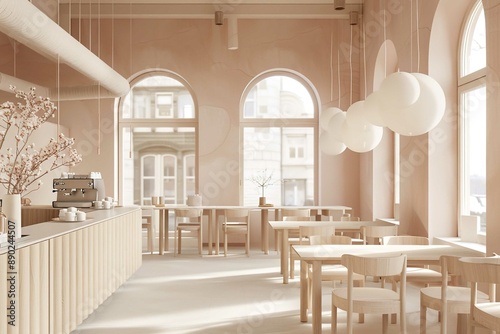 Modern minimalistic cafe interior design with white walls, arched windows and wooden tables. Mock up of coffee shop or restaurant in the style of pastel beige color