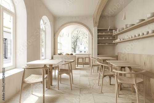 Modern minimalistic cafe interior design with white walls, arched windows and wooden tables. Mock up of coffee shop or restaurant in the style of pastel beige color