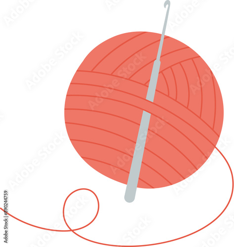 Crochet wool ball and needle logo, doodle embroidery decoration element, hand drawn sewing accessories design, vector dressmaking supplies illustration, cartoon fashion tool object,