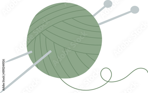 Crochet yarn ball and needle logo, flat embroidery tool object, vector tailor decoration design, hand drawn fashion supplies element, doodle sewing accessories illustration,