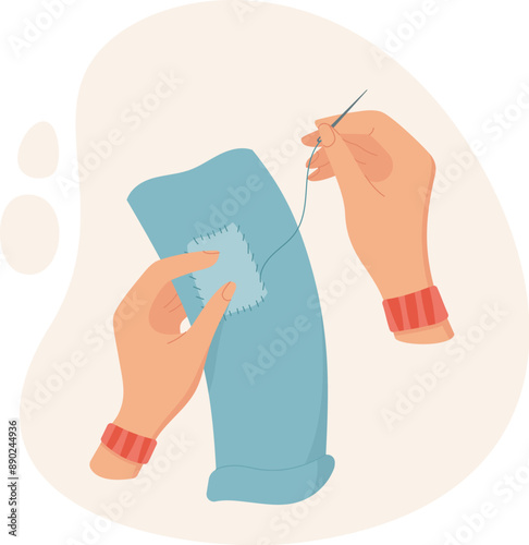 Hands sewing icon, doodle tailor craft supplies illustration, hand drawn sewing accessories element, flat embroidery tool object, cartoon dressmaking decoration design,
