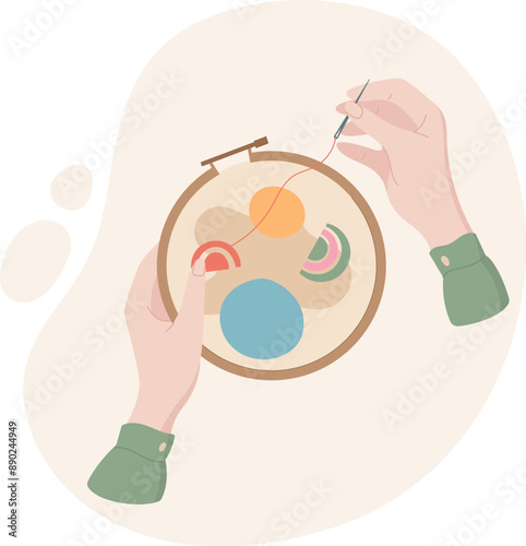 Hands embroidering icon, flat tailor decoration illustration, vector embroidery tool object, doodle dressmaking accessories element, cartoon sewing supplies design,