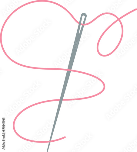 Sewing needle and thread icon, vector dressmaking tool element, doodle sewing decoration object, cartoon fashion accessories design, flat tailor craft supplies illustration,
