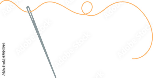 Sewing needle and thread icon, flat sewing craft tool element, hand drawn fashion decoration design, cartoon embroidery accessories object, doodle tailor supplies illustration,