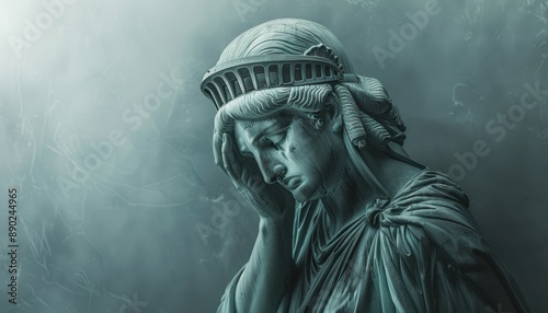 Statue of Liberty Depicted In Sadness Against a Foggy Background