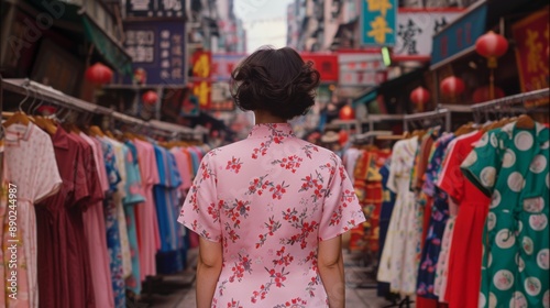 Woman in a cheongsam-style qipao walking past traditional Chinese shops, 1970s Hong Kong, [historic elegance], [cultural richness]