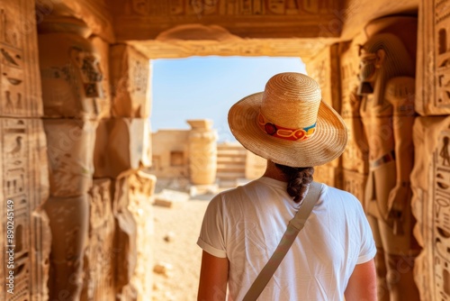 Adventurer discovering a hidden temple in an ancient city, intricate carvings and sacred artifacts, [temple exploration], [historic discovery]