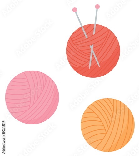 Knit wool ball and needle badge, cartoon crochet tool design, doodle dressmaking decoration object, hand drawn tailor supplies element, flat knitting accessories illustration,