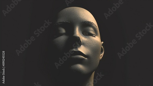 This is a 3D rendering of a human female head. The head is bald and has its eyes closed. The skin is smooth and flawless.