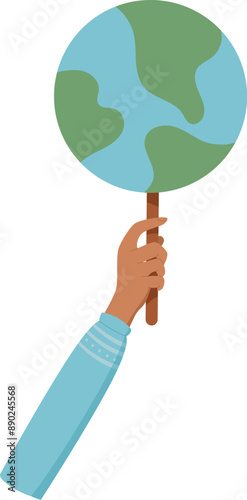 Hand holds earth sign, character hold ecology support planet symbol, right activist holds environmental strike poster, person holding revolution placard, people show up protest board,