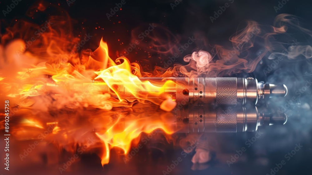 Igniting Danger - Dramatic Shot of E-Cigarette Surrounded by Flames, Symbolizing the Risk of Fires and Explosions Igniting Danger - Dramatic Shot of E-Cigarette Surrounded by Flames, Symbolizing the Risk of Fires and Explosions