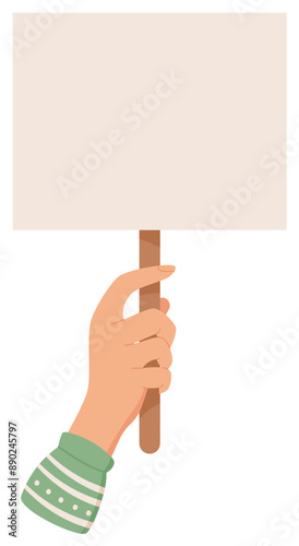 Human hand hold placard sticker, people parade strike signboard, right activist raise revolution placard, character holding support sign, man holds protest board, human show up empowerment flag,