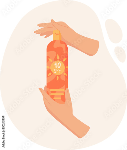 Hand hold sun screen cream bottle, creative solar protection oil product, vector sunblock lotion pack, flat sun block cosmetic tube, cartoon sunscreen moisturizer bottle,