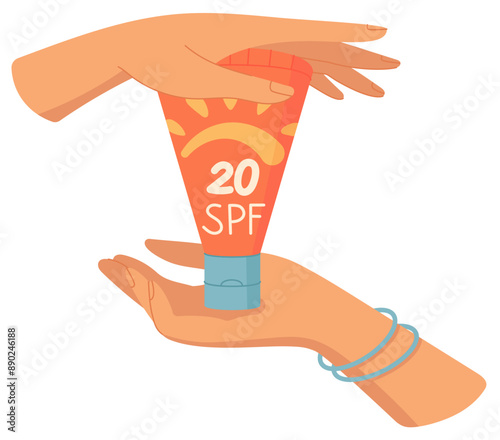 Hand hold sunblock oil bottle sticker, flat sunscreen moisturizer bottle, creative sun protection lotion product, cartoon uv block oil tube, vector sunblock cosmetic pack,