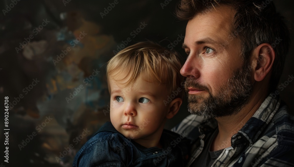 Father And Son Gazing Out Of Window Together In Home Father And Son Gazing Out Of Window Together In Home