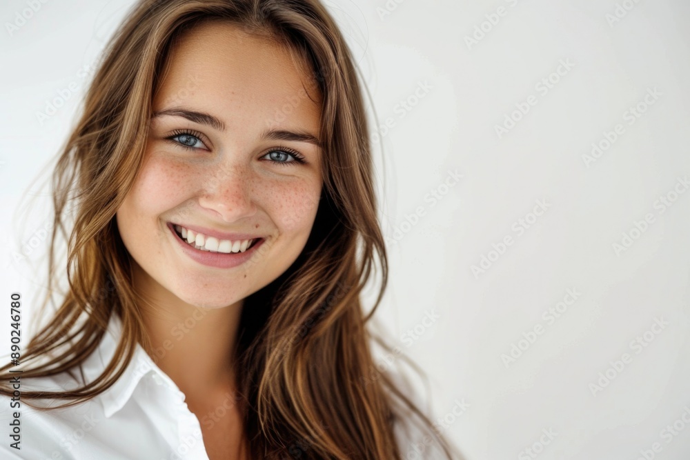 Smiling Woman on White Background. Beautiful Portrait of Young Happy Woman