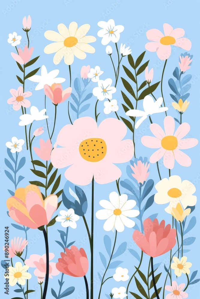 Obraz premium A whimsical floral vector illustration features various pastel pink, yellow, and white wildflowers with green leaves against a light blue background.