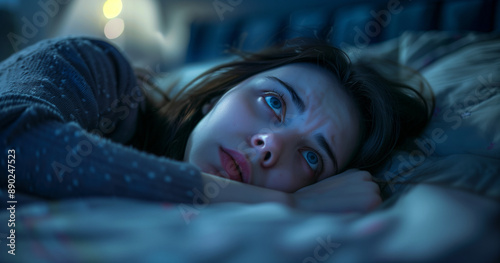 a sleepless woman lying in bed with her eyes open