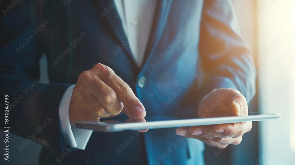Businessman using tablet in the office. The concept shows a businessman holding a digital device and showing the screen, with a soft focus background. The man wears a blue suit working online or commu Businessman using tablet in the office. The concept shows a businessman holding a digital device and showing the screen, with a soft focus background. The man wears a blue suit working online or commu
