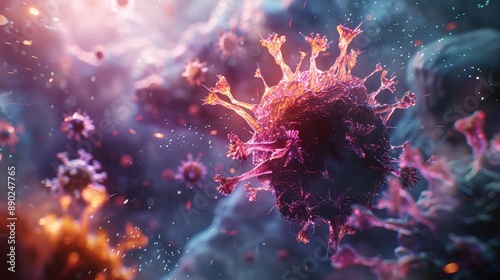 An artistic 3D representation of a human immune cell attacking a virus, showcasing the body's defense mechanism.