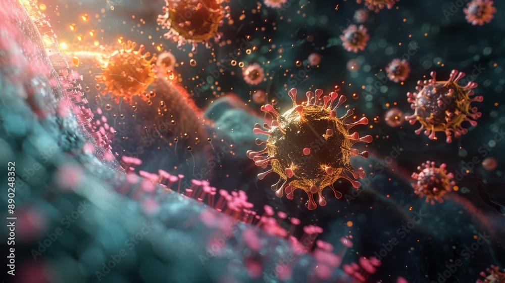 A dynamic 3D visualization of viral replication inside a host organism, highlighting the rapid spread and pathogenic effects. A dynamic 3D visualization of viral replication inside a host organism, highlighting the rapid spread and pathogenic effects.