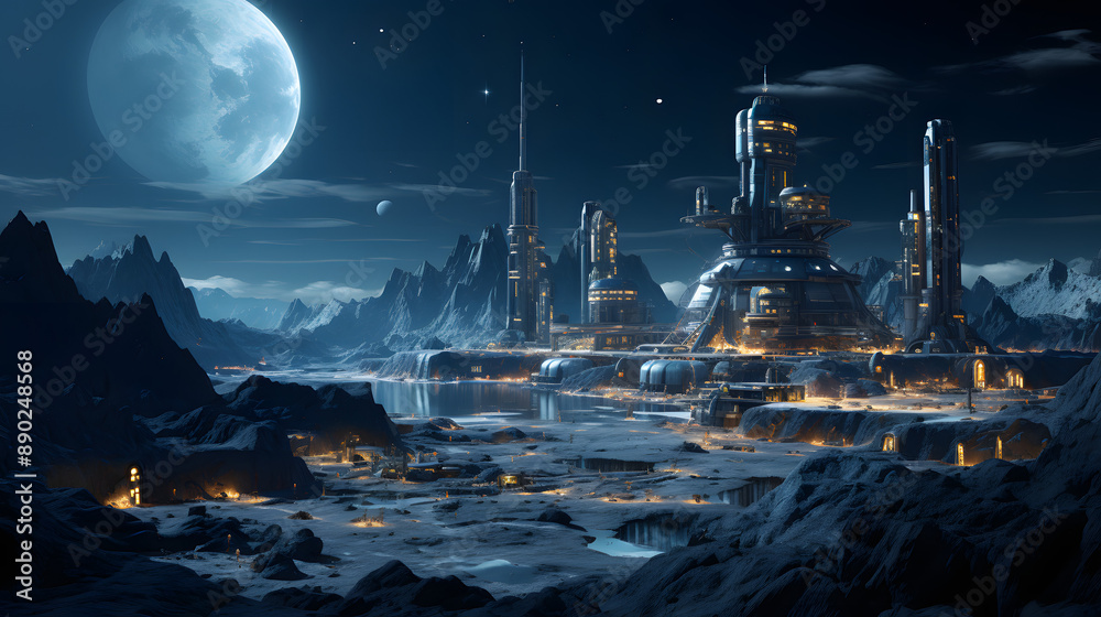 A futuristic city sits on a barren, rocky planet under a bright moon and a starry sky. The city is illuminated by lights, and its buildings are made of metal and glass.
