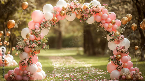 Arch of white wedding balloons with greenery Decor. photo