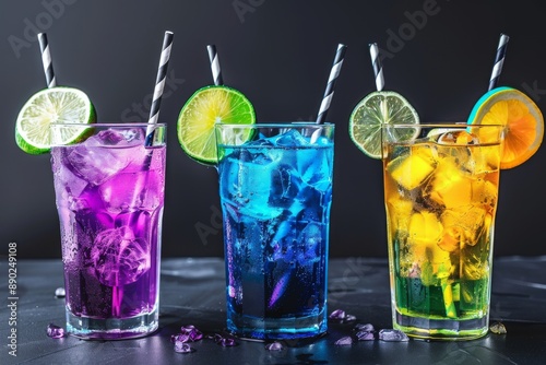 Colorful array of neon drinks in glasses with ice set against a dark background for a vibrant nightlife scene