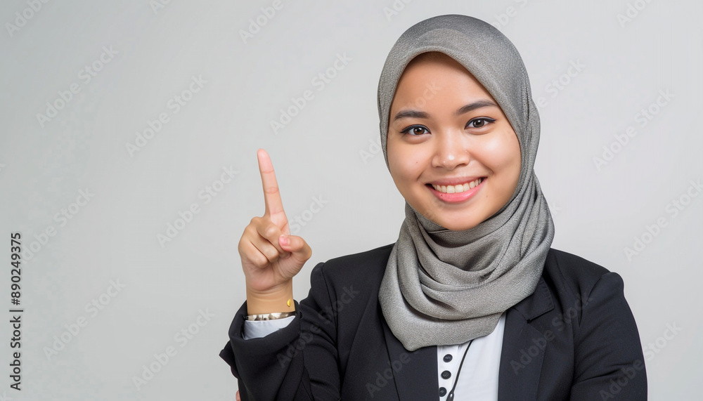 Beautiful young asian muslim business woman confident and smiling, isolated on gray background