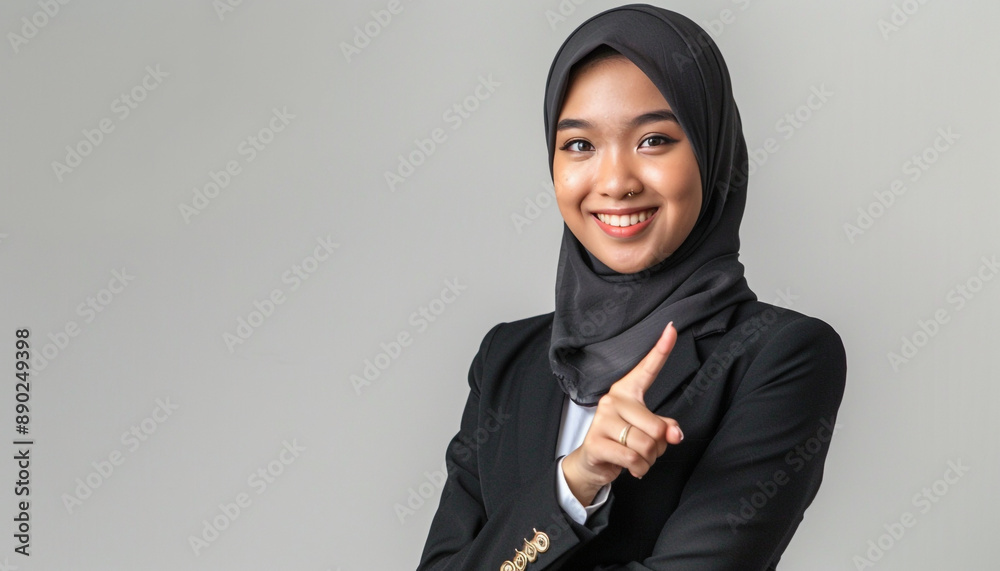 Beautiful young asian muslim business woman confident and smiling, isolated on gray background Beautiful young asian muslim business woman confident and smiling, isolated on gray background